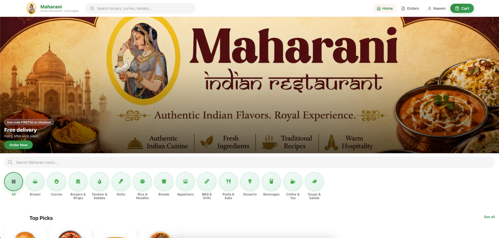 Maharani Indian Restaurant online ordering website