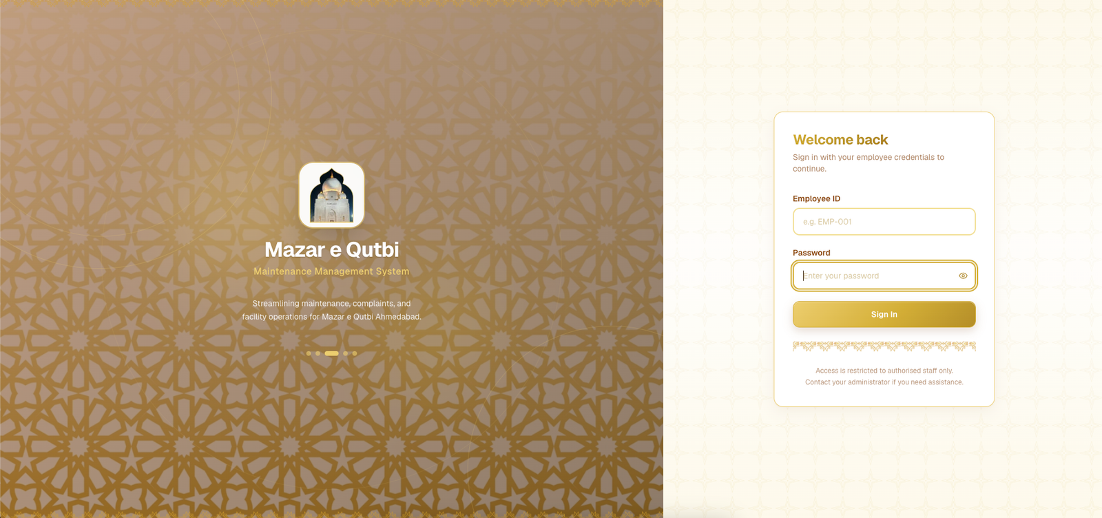 Mazar e Qutbi Maintenance Management System